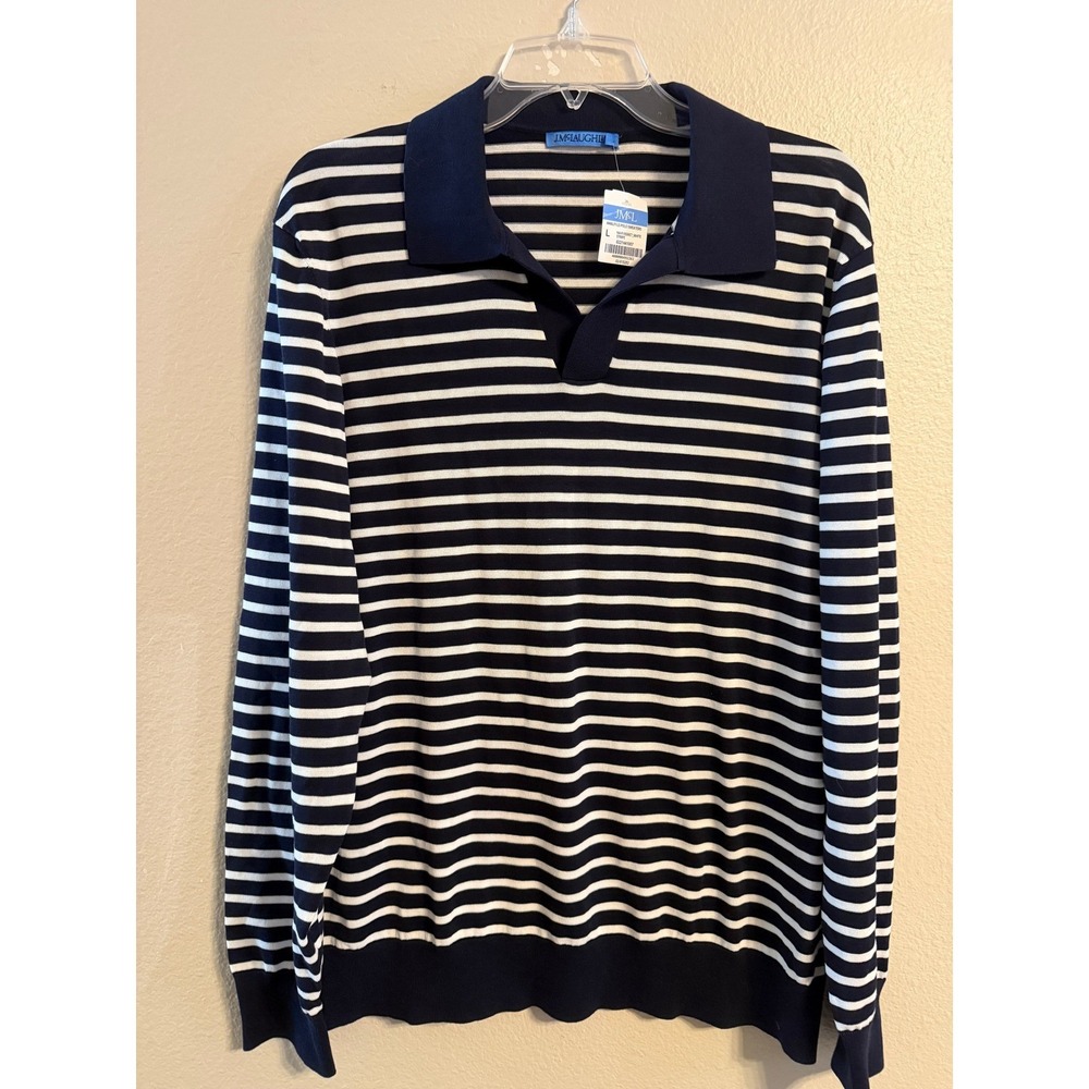 J.McLaughlin Amalfi Navy White Striped Cotton Long Sleeve Polo Sweater Large NEW